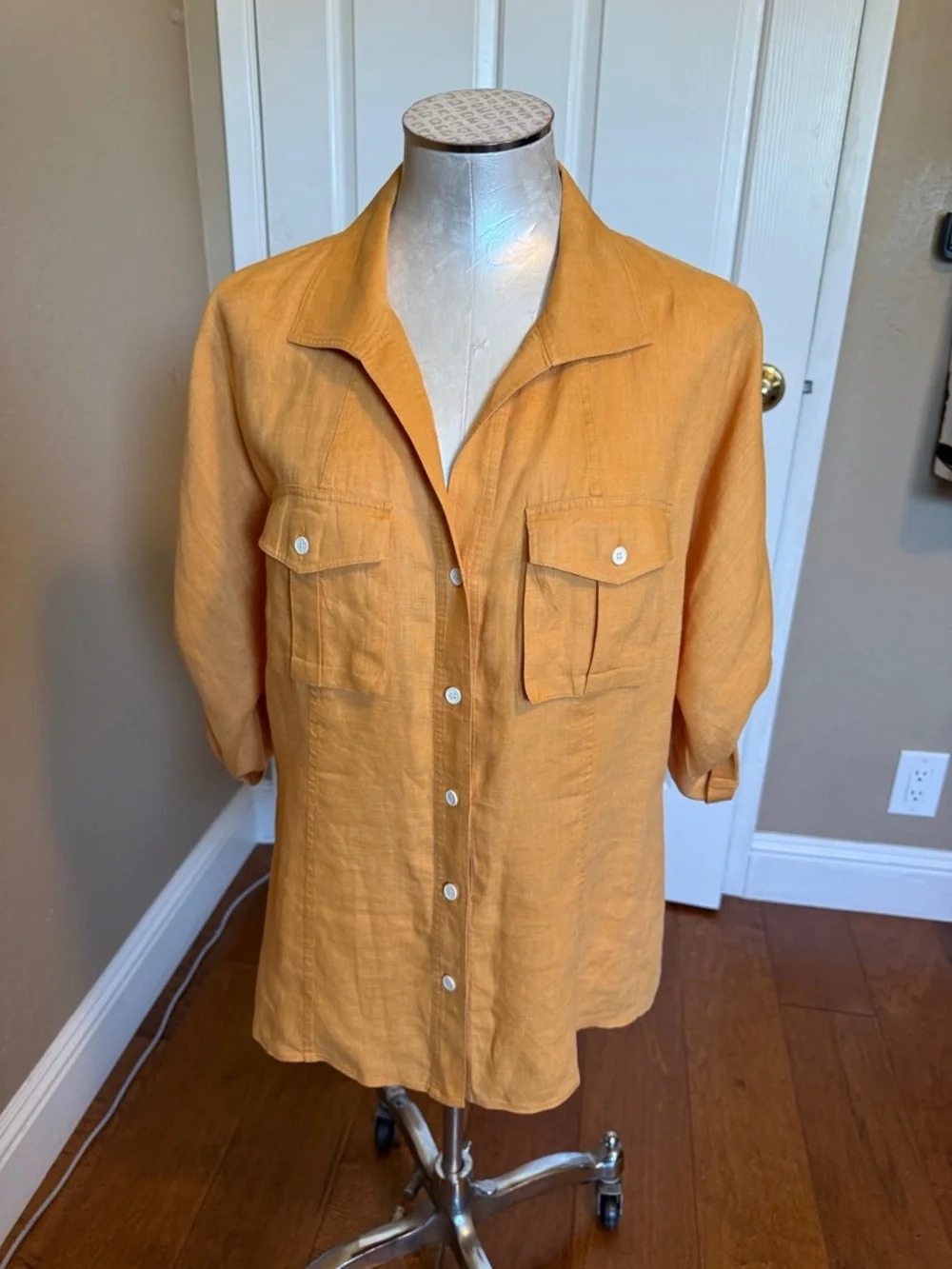 Lafayette 148 New York 100%Linen Button Front Shirt Orange Size 12 Relaxed Fit - Picture 4 of 17